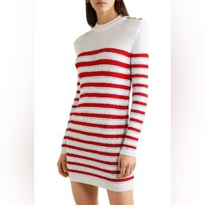 BALMAIN Button-Embellished Sequined Striped Stretch-
Knit Mini Dress - White XS